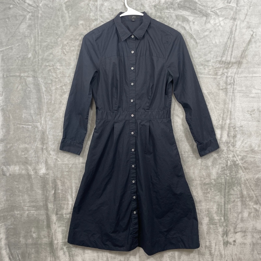 J.Crew Size 4 Cotton Long Sleeve Button Down Shirt Dress Black Preppy Pockets